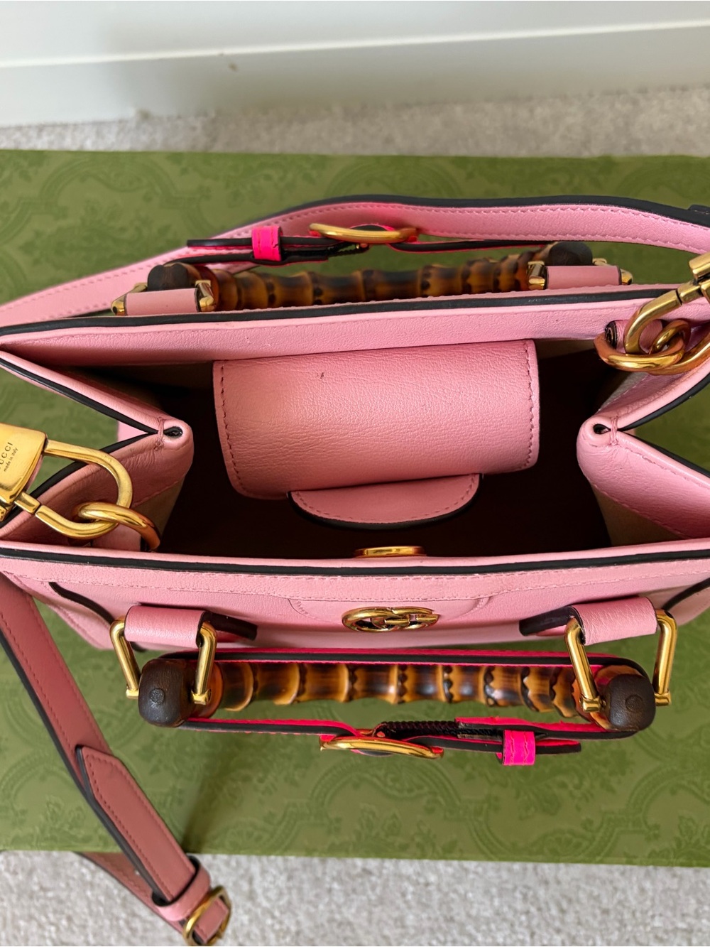Gucci Pink Leather Mini Top-Handle Bag with Bamboo Handles and Neon Pink Strap - Picture 6 of 10
